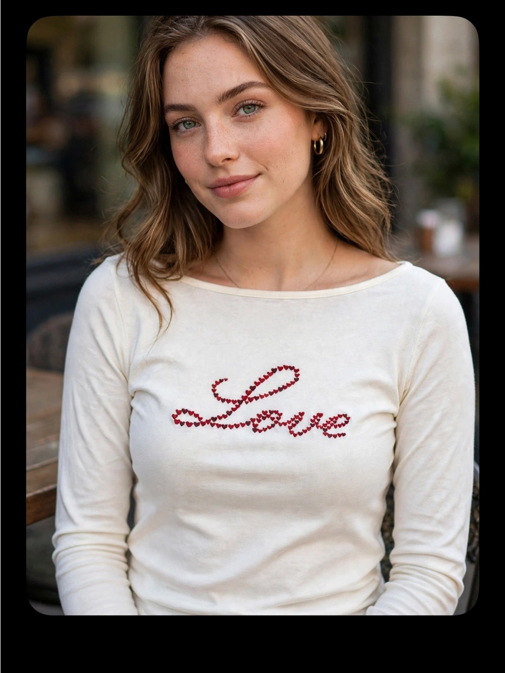 M Universal Thread Love Script Embroidered Long-Sleeve Top - Cream Y2K Coquette